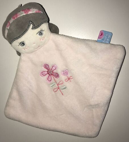 Doudou Plat Poupee Rose Sucre D'orge Coeur Fleur Petite Fille Brune 