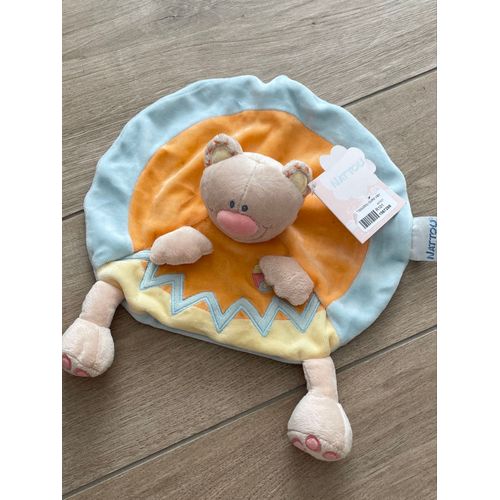 Doudou peluche ours nattou Victor orange bleu bar bear oso 