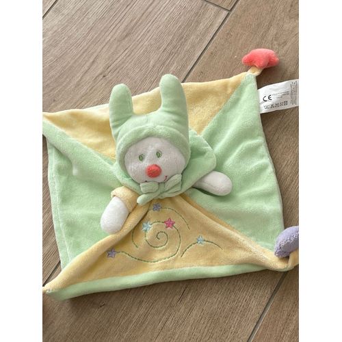 Doudou peluche lutin bonnet Kiabi baby Nicotoy vert jaune étoiles 