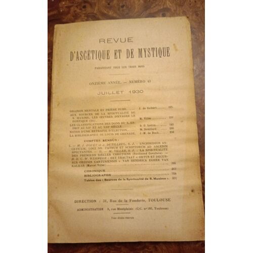 Revue D'ascétique Et De Mystique Juillet 1930 Numéro 43