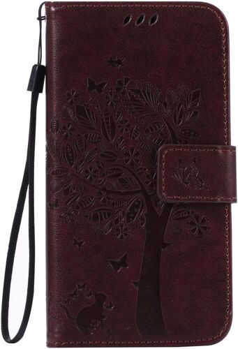 Coque Galaxy J3 2016/J310 [Avec Protecteur Decran En Verre Trempe], (Serie De Chat Et Darbre) Retro Emboss Premium Flip Housse Etui Pu Cuir Pour Samsung Galaxy J3 2016/J310(Marron)