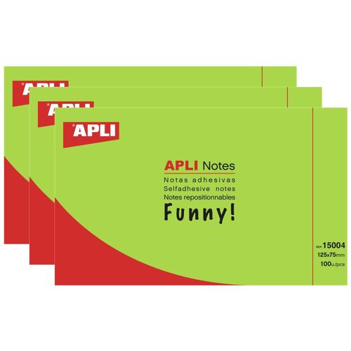 Apli Lot De 3 Blocs De 100 Notes Adhésives Repositionnables 125x75 Vert Vif