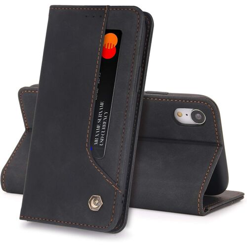 Coque Iphone Xr Housse Etui Flip Kickstand Support Case 5 Cartes Design Portefeuille En Cuir Housse De Protection Adsorption Auto Magnetic Case Pour Iphonexr Cover(Noir)