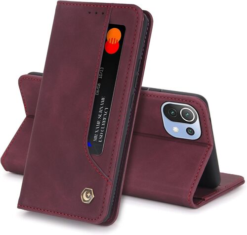 Coque Xiaomi 11 Lite Housse Etui Flip Kickstand Support Case 5 Cartes Design Portefeuille En Cuir Housse De Protection Adsorption Auto Magnetic Case Pour Xiaomi 11 Lite Cover(Rouge)