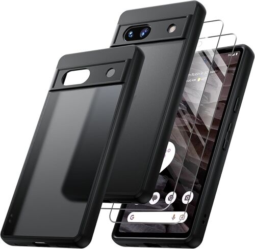 Coque Protection Camera Compatible Avec Google Pixel 7a, Coque Pixel 7a Mince Antichoc [Protection Militaire] Et 2 Pieces Verre Trempe, Noir Mat
