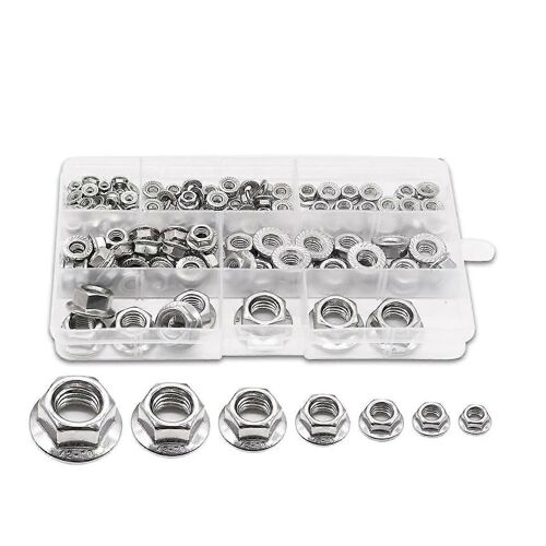304 Kit d'assortiment d'écrous à bride hexagonale en acier inoxydable, 7 tailles métriques M3 M5 M6 M8 M10 M12 Q-057 140PCS
