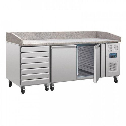 Comptoir inox à pizza 257 Litres, 2 portes (L)600 x (P)400 mm, 7 tiroirs à pâtons, dessus en marbre, 300 W, 220 V - MONO