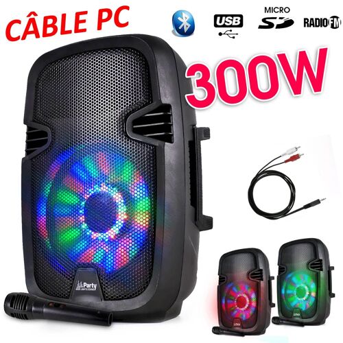 Enceinte mobile batterie 8"/20cm à LEDs RVB - 300W - USB/BT/FM + Micro + Câble PC
