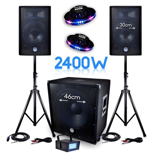 PACK SONO 2400W BMS-1812 SUB 46cm 2 enceintes 30cm + Câbles + Mini LEDSTROBE LytOr + 2 Effets OVNI UFO