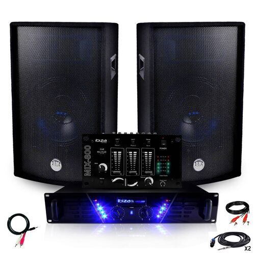 Pack Sono Ampli AMP-300 + HP BMS-12 de 2x600W Table de mix + Câblages
