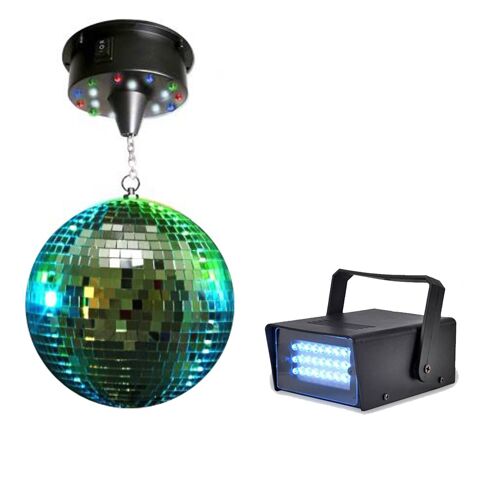 Boule à facettes 20cm + moteur 18 LED + Mini strobe Lytor