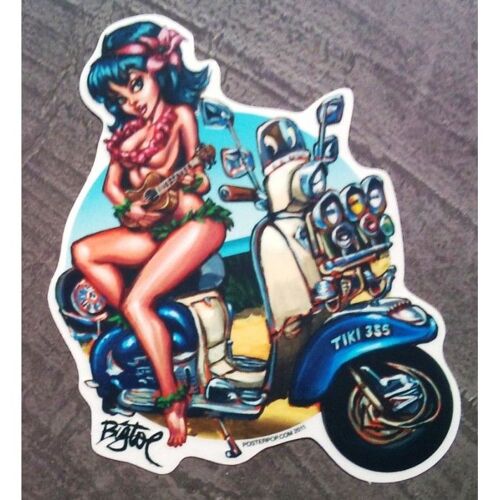 Sticker Pin Up Brune Hula Girl Et Scooter Lambretta Autocoll
