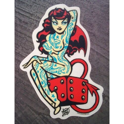 Sticker Pin Up Rousse Tatoué Et Dé Rouge Autocollant Kustom