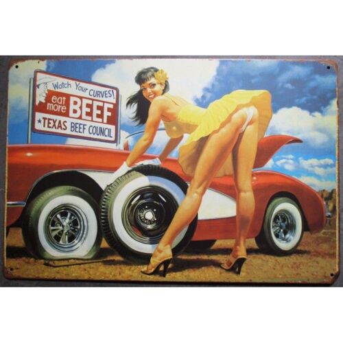 Plaque Pin Up Robe Jaune Sexy Corvette Rouge Tole Affiche
