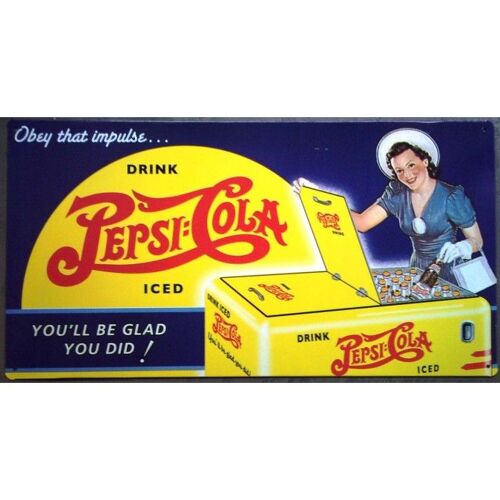 Plaque Pespi Cola Glaciere Jaune Tole Deco Usa Affiche Metal