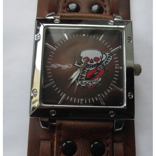 Montre Cadran Carré Crane Death Bracelet Marron Tattoo