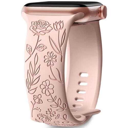 Bracelet Gravé Floral Compatible Avec Apple Watch 38mm 40mm 41mm Pour Femme, Bracelet En Silicone Souple À Motif De Fleurs Roses Elégantes Pour Iwatch Series 9 Se 8 7 6 5 4 3 2, Rose