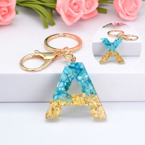 Porte-clés Alphabet bleu lettre anglaise, porte-clés paillettes dégradé résine feuille d'or artisanat miroir voiture sac à main breloques pour femmes 1 pièce