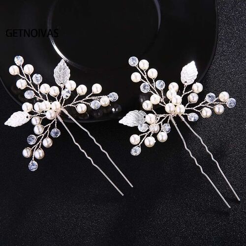 Épingles À Cheveux De Mariée En Imitation De Perle, Faites À La Main, En Cristal, Feuilles De Couleur Argent, Accessoires Pour Cheveux De Mariage, 2 Pièces Sl 