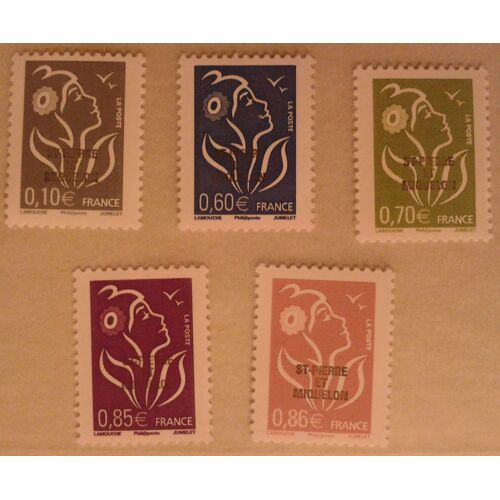 Lot 5 Timbres France Saint-Pierre Et Miquelon 2007 Marianne Type Lamouche Yvert Et Tellier N°886, 887, 888, 889 Et 890 Neuf** Gomme Intacte