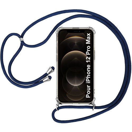 Coque Bandouliere Pour Iphone 12 Pro Max (6.7'') Transparente Coin Renforce Protection + Bandouliere Bleu Marine