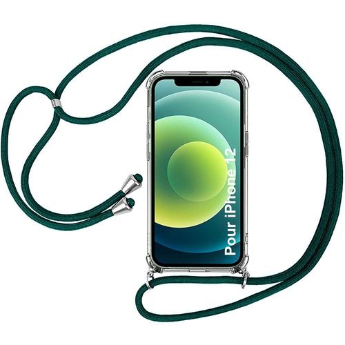Coque Bandoulere Pour Iphone 12 (6.1'') Coin Renforce Anti-Rayure Souple + Bandoulere Reglable Vert Nuit