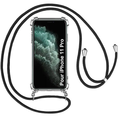 Coque Chaîne De Portable Pour Iphone 11 Pro (5.8'') Antichoc Protection Renforce Coins Transparente Inclu Chaîne Noir