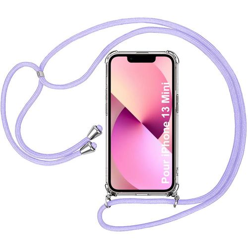 Coque Collier Cordon Pour Iphone 13 Mini (5.4'') Tpu Protection Renforce Coins Anti-Rayure Avec Collier Cordon Violet