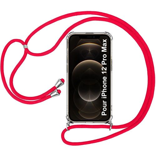 Coque Cordon Reglable Pour Iphone 12 Pro Max (6.7'') Transparente Coin Renforce + Cordon Rouge