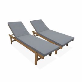 Set De 2 Bains De Soleil En Acacia - Arequipa - Transats Avec Coussins Gris Et Roulettes Multi