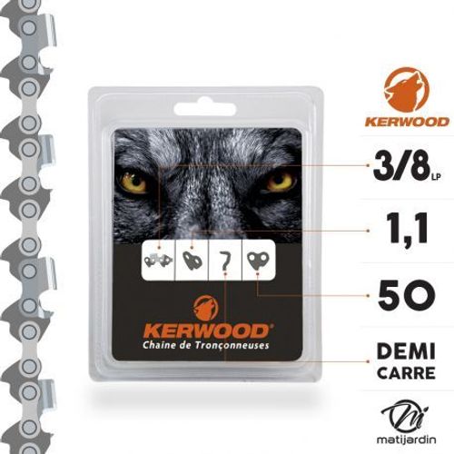 Chaîne Kerwood pour tronçonneuse 3/8" 1,1 mm. 50 maillons. Gouge profil demi carré