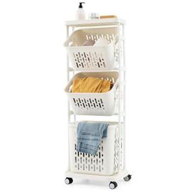COSTWAY Panier Linge Sale 3 Compartiment, Roulettes Verrouillables, Panier a Linge Amovible pour Salle de Bain, 40 x 30 x 112 cm