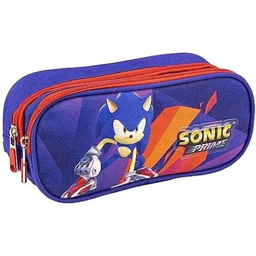 Trousse Scolaire 2 Compartiments Sonic Prime - Bleue et Rouge - 22,5x8x10 cm - Trousse en Polyester - Fermeture Éclair - Motif