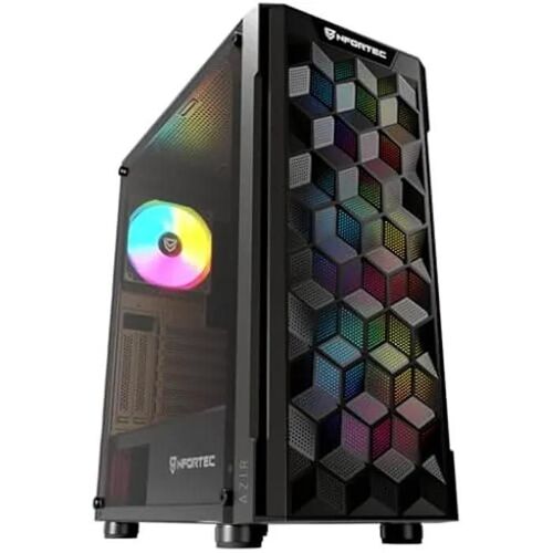 Nfortec - AZIR Boîtier PC Gaming Mid Tower (ATX), 4x 120mm Ventilateurs ARGB inclus, grillage frontal, côtés en verre trempé, noir