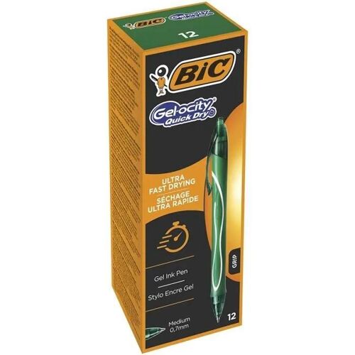Bic Gel-Ocity Quick Dry Stylos-Gel Rétractables Pointe Moyenne (0, 7 Mm) - Vert, Boîte De 12 - 964771