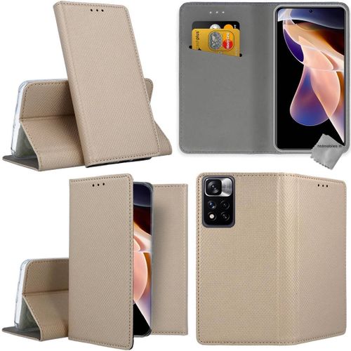 Housse Etui Coque Pochette Portefeuille Pour Xiaomi Redmi Note 11 Pro+ Plus 5g + Verre Trempe - Or Magnet