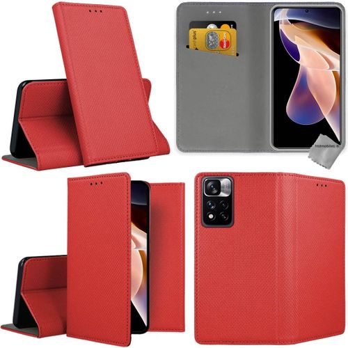 Housse Etui Coque Pochette Portefeuille Pour Xiaomi Redmi Note 11 Pro+ Plus 5g + Verre Trempe - Rouge Magnet