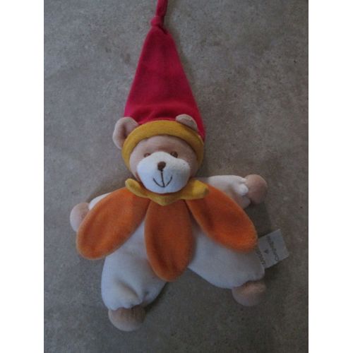 doudou et compagnie ours  bonnet rouge jaune orange