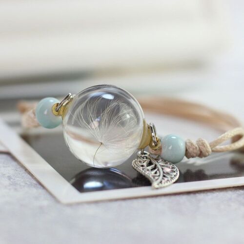 Bracelets Boho Pour Femmes, Boule De Verre, Vrai Fleur De Pêche Sèche, Pissenlit, Simples Échantillons De Plantes, Bijoux, Ajustables, Cadeaux