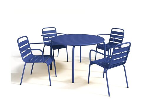 Salle À Manger De Jardin En Métal - Une Table D.110cm Et 4 Fauteuils Empilables Bleu Nuit - Mirmande
