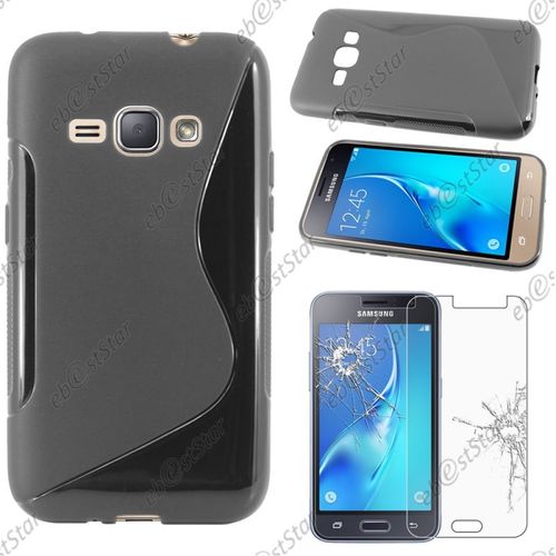 Ebeststar ® Pour Samsung Galaxy J1 2016 J1 4g Sm-J120f (2015) - Housse Etui Coque Silicone Motif S-Line Protection Souple + Film Protection Écranverre Trempé, Couleur Noir [Dimensions Precises De Votre Appareil : 132.6 X 69.3 X 8.9 Mm, Écran 4.5'']