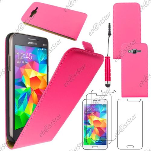 Ebeststar ® Pour Samsung Galaxy Grand Prime Sm-G530f, Value Edition Sm-G531f - Housse Coque Etui En Pu Cuir À Rabat Ultra Fine + Mini Stylet + 3 Film Écran, Couleur Rose [Dimensions Precises De Votre Appareil : 144.8 X 72.1 X 8.6 Mm, Écran 5'']