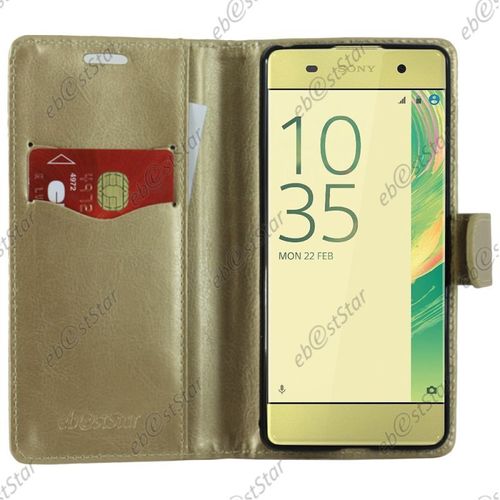 Ebeststar ® Housse Portefeuille Coque Etui Protection Folio + Vitre Film Écran Verre Trempé Pour Sony Xperia Xa, Xa Dual, Couleur Or / Doré [Dimensions Precises De Votre Appareil : 143.6 X 66.8 X 7.9 Mm, Écran 5''] [Note Importante Lire Description]