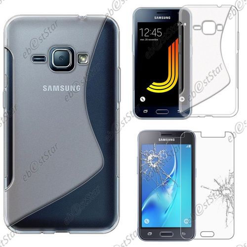 Ebeststar ® Pour Samsung Galaxy J1 2016 J1 4g Sm-J120f (2015) - Housse Etui Coque Silicone Motif S-Line Protection Souple + Film Protection Écranverre Trempé, Transparent [Dimensions Precises De Votre Appareil : 132.6 X 69.3 X 8.9 Mm, Écran 4.5'']
