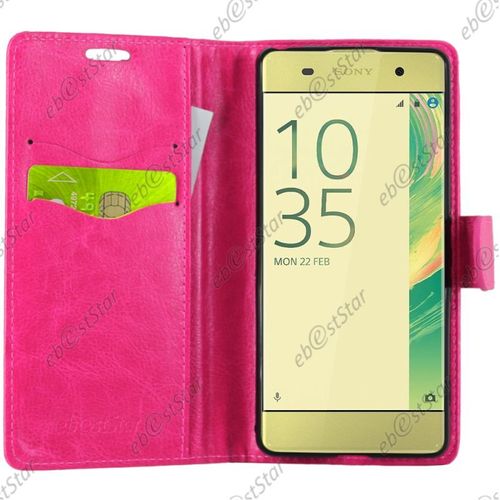 Ebeststar ® Housse Portefeuille Coque Etui Protection Folio + Vitre Anti Casse Film Écran Verre Trempé Pour Sony Xperia Xa, Xa Dual, Rose [Dimensions Precises De Votre Appareil : 143.6 X 66.8 X 7.9 Mm, Écran 5''] [Note Importante Lire Description]