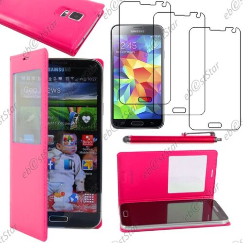 Ebeststar ® Pour Samsung Galaxy S5 G900f, S5 New G903f Neo - Housse Coque Etui Style View Portefeuille + Stylet + 3 Film Écran, Couleur Rose [Dimensions Precises De Votre Appareil : 142 X 72.5 X 8.1 Mm, Écran 5.1'']