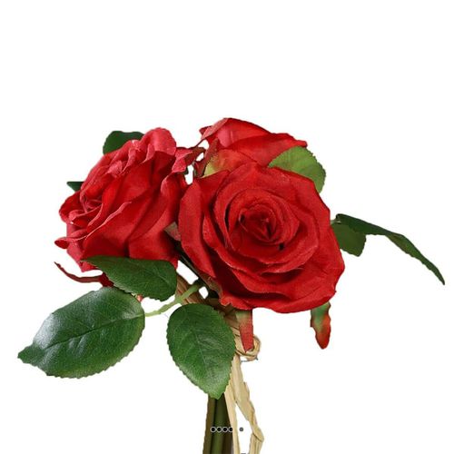 Adorable Petit Bouquet De Fausses Roses 3 Têtes H 17 Cm Rouge