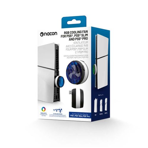 Kit de ventilation pour PlayStation 5 "slim" et Pro. Equipé d'un capteur de température intelligent régulant la vitesse de rotation en fonction de la température de la console. Effet lumineux RGB.