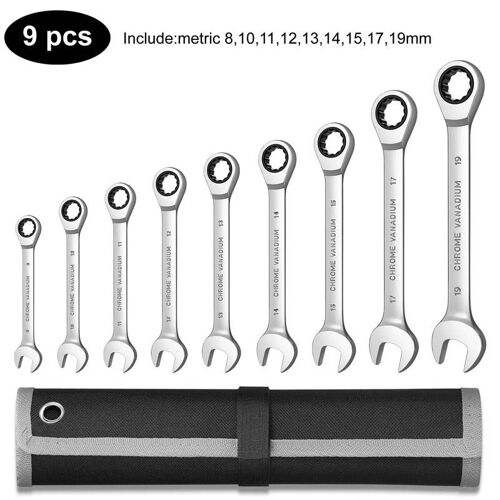 9pcs(8-19) Clé Combinée à cliquet Ensemble Métrique En Acier Au Chrome Vanadium ensembles d'outils À Main Universel Clés Clé avec Sac De Transport ""Nipseyteko""
