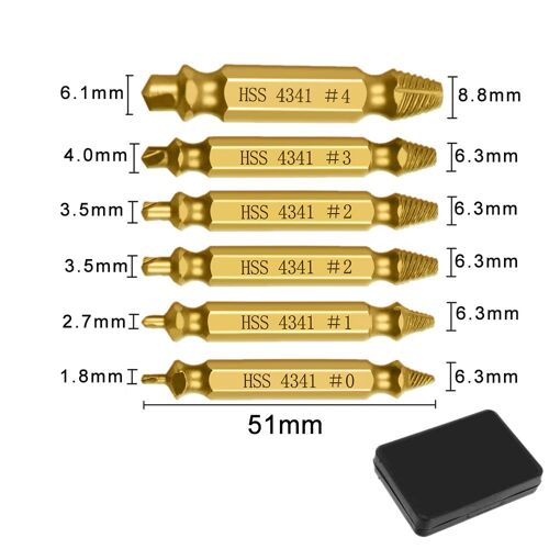 6 PCS Gold with box Extracteur de vis endommagée avec jeu de forets, outil pour retirer facilement les boulons décapés ou cassés, démolition, 4, 5 ou 6 pièces ""Nipseyteko""